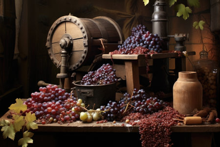 wine press with freshly crushed grapes, created with generative aiの素材
