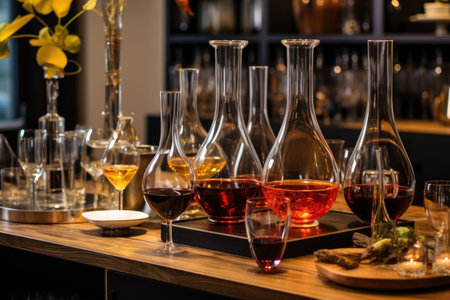 wine tasting setup with glasses and decanter, created with generative aiの素材