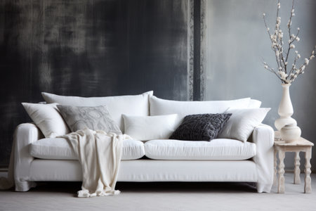 white sofa with monochromatic cushions, created with generative aiの素材