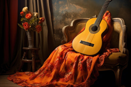 spanish guitar resting on chair with flamenco dress, created with generative aiの素材