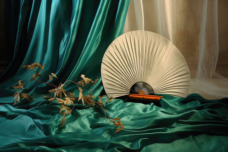 tai chi fan and bamboo flute on a silk cloth, created with generative aiの素材