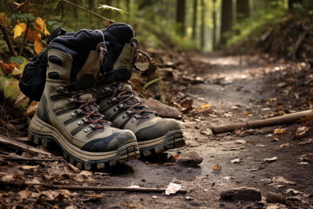 hiking boots and trekking poles on a dirt trail, created with generative aiの素材