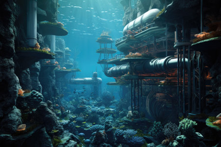 advanced filtration system for clean underwater environment, created with generative aiの素材
