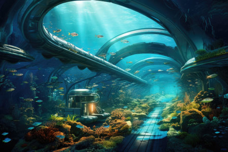 futuristic underwater transportation tunnel system, created with generative aiの素材