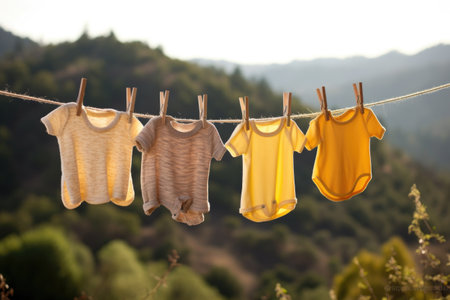 baby clothes hanging on a line with a natural backdrop, created with generative aiの素材