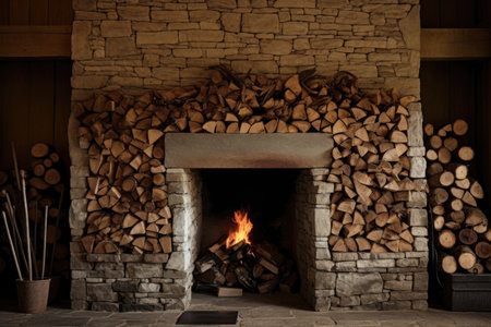firewood stacked neatly beside a stone fireplace, created with generative aiの素材
