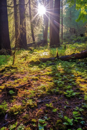 sunlight streaming through forest trees on forest floor, created with generative aiの素材
