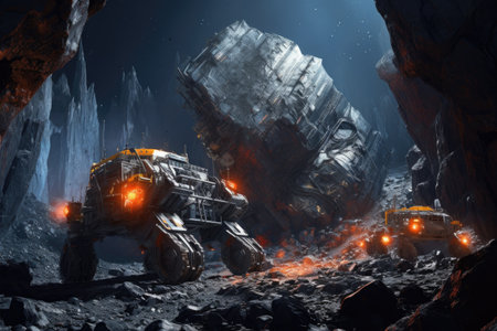 robots extracting minerals from asteroid surface, created with generative aiの素材