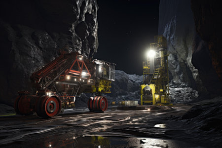 autonomous drilling machines boring into asteroid, created with generative aiの素材