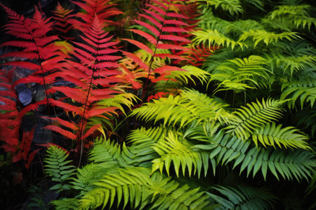 close-up of vibrant ferns in a dense forest, created with generative aiの素材