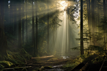 misty forest scene with sun rays breaking through, created with generative aiの素材