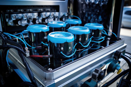 close-up of hydrogen fuel cells and electrolyzers, created with generative aiの素材