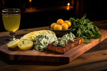 grilled blue cheese on cedar plank with side dish, created with generative aiの素材