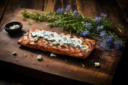 cedar plank with blue cheese and grill marks on wooden table, created with generative aiの素材