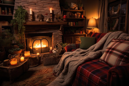 cozy living room with fireplace, candles, and plush blankets, created with generative aiの素材