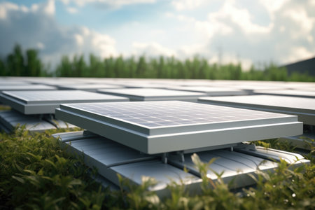 close-up of solar panels charging energy storage, created with generative aiの素材