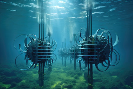 underwater turbines harnessing ocean currents, created with generative aiの素材