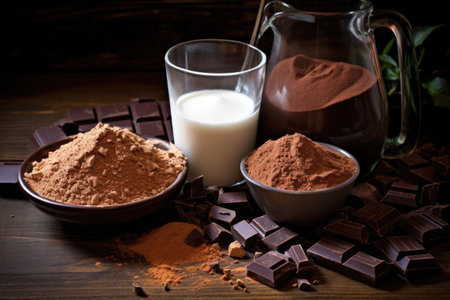 ingredients for hot chocolate: cocoa powder, milk, sugar, and chocolate, created with generative aiの素材