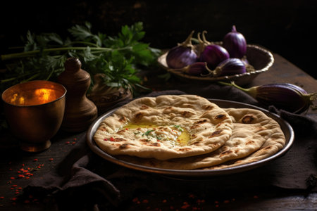 freshly baked pita bread next to baba ganoush, created with generative aiの素材