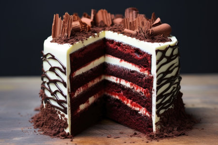 top view of completed black forest gateau, created with generative aiの素材