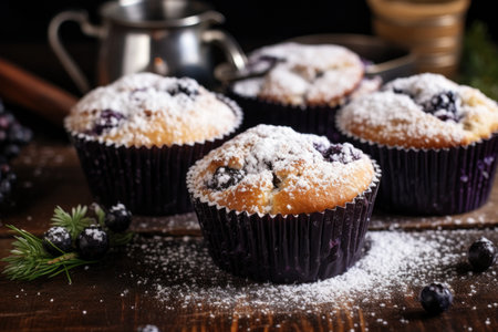 blueberry muffins with powdered sugar dusting, created with generative aiの素材