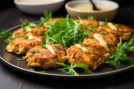 golden brown crab cakes on a plate, created with generative aiの素材