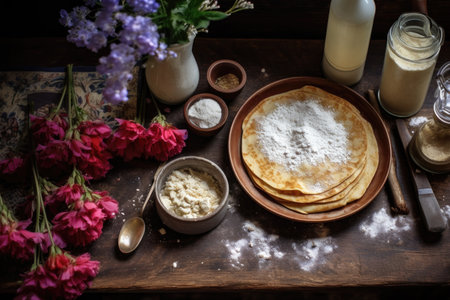 flat lay of crepe mix ingredients on a rustic table, created with generative aiの素材
