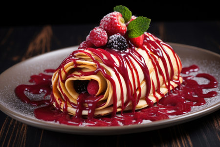 rolled crepes with berry sauce drizzled on top, created with generative aiの素材