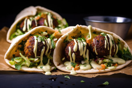 falafel balls in a pita with tahini drizzle, created with generative aiの素材