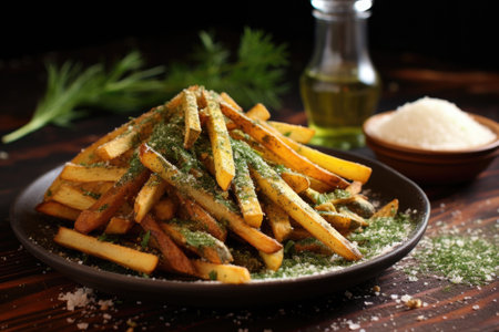 seasoning fries with salt, pepper, and herbs, created with generative aiの素材
