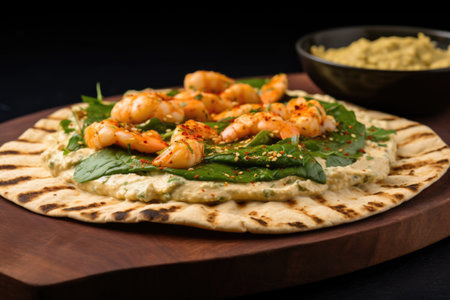 hummus spread on a piece of pita bread, created with generative aiの素材