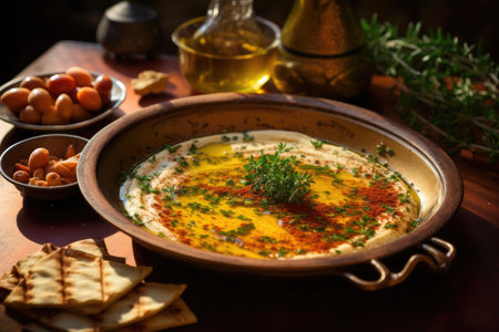 hummus drizzled with olive oil and paprika, created with generative aiの素材