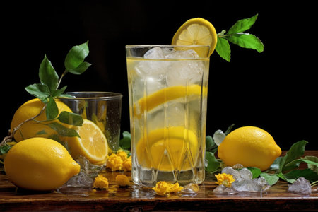 glass of lemonade with a splash of water and ice, created with generative aiの素材