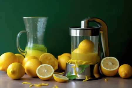 close-up of lemon slices and juicer, created with generative aiの素材
