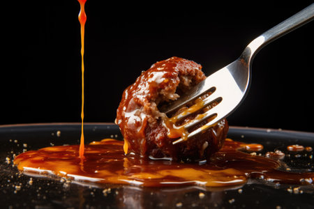meatball on a fork with sauce dripping, created with generative aiの素材