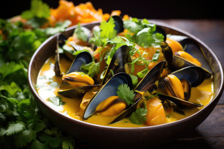 mussels in a spicy thai curry broth, created with generative aiの素材