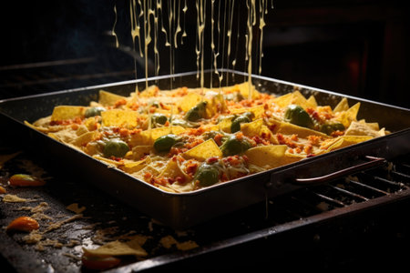 freshly grated cheese melting over nachos on oven tray, created with generative aiの素材
