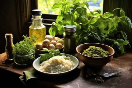 ingredients for pesto arranged neatly on a table, created with generative aiの素材