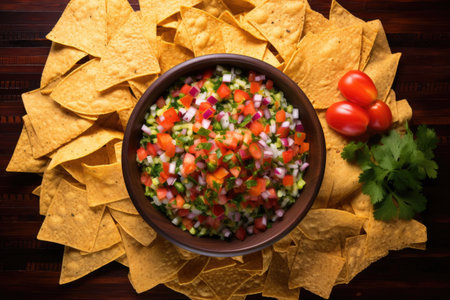 top view of colorful pico de gallo with tortilla chips, created with generative aiの素材