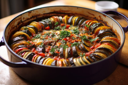 steaming hot ratatouille straight from the oven, created with generative aiの素材