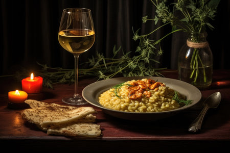 wine glass and risotto on a candlelit table, created with generative aiの素材
