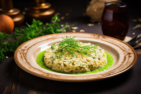risotto garnished with fresh herbs on a plate, created with generative aiの素材