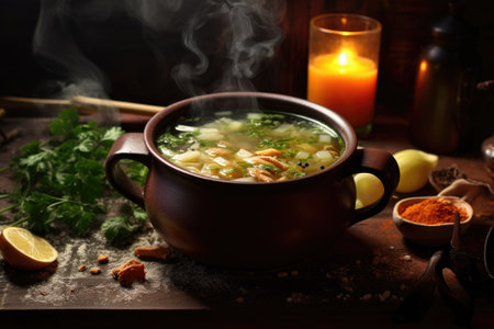 hot bowl of homemade soup on a table, created with generative aiの素材