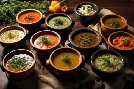 variety of homemade soups in individual bowls, created with generative aiの素材