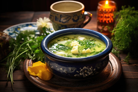 soup garnished with fresh herbs in a cozy setting, created with generative aiの素材