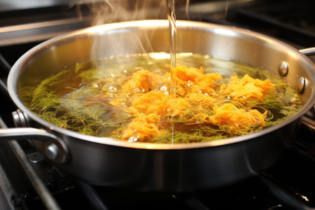 frying tempura in a bubbling hot oil pan, created with generative aiの素材