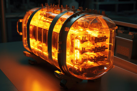 close-up of glowing nuclear battery prototype, created with generative aiの素材