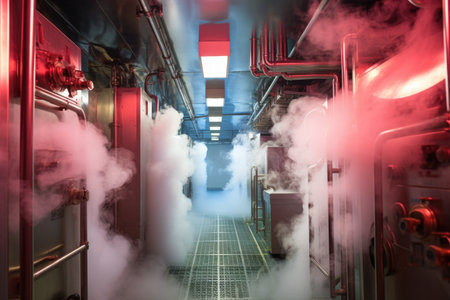 liquid nitrogen vapors in cryonic storage room, created with generative aiの素材
