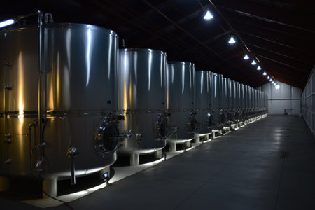 row of cryonic storage tanks in a dimly lit facility, created with generative aiの素材