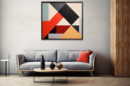 modern geometric wall art above a sleek couch, created with generative aiの素材